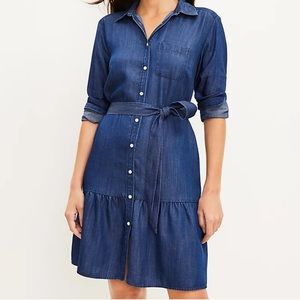 💥sale💥 LOFT Women’s Chambray Flounce Shirtdress Lyocell Linen Blend Blue XS